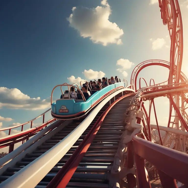 Roller coaster ascending against a vivid sky, symbolizing the highs and challenges of starting a new business