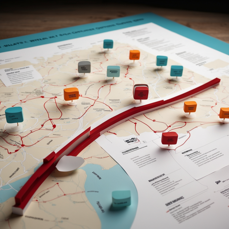 Detailed customer journey map with marked stops and pathways on a table, illustrating various customer touchpoints for startup planning