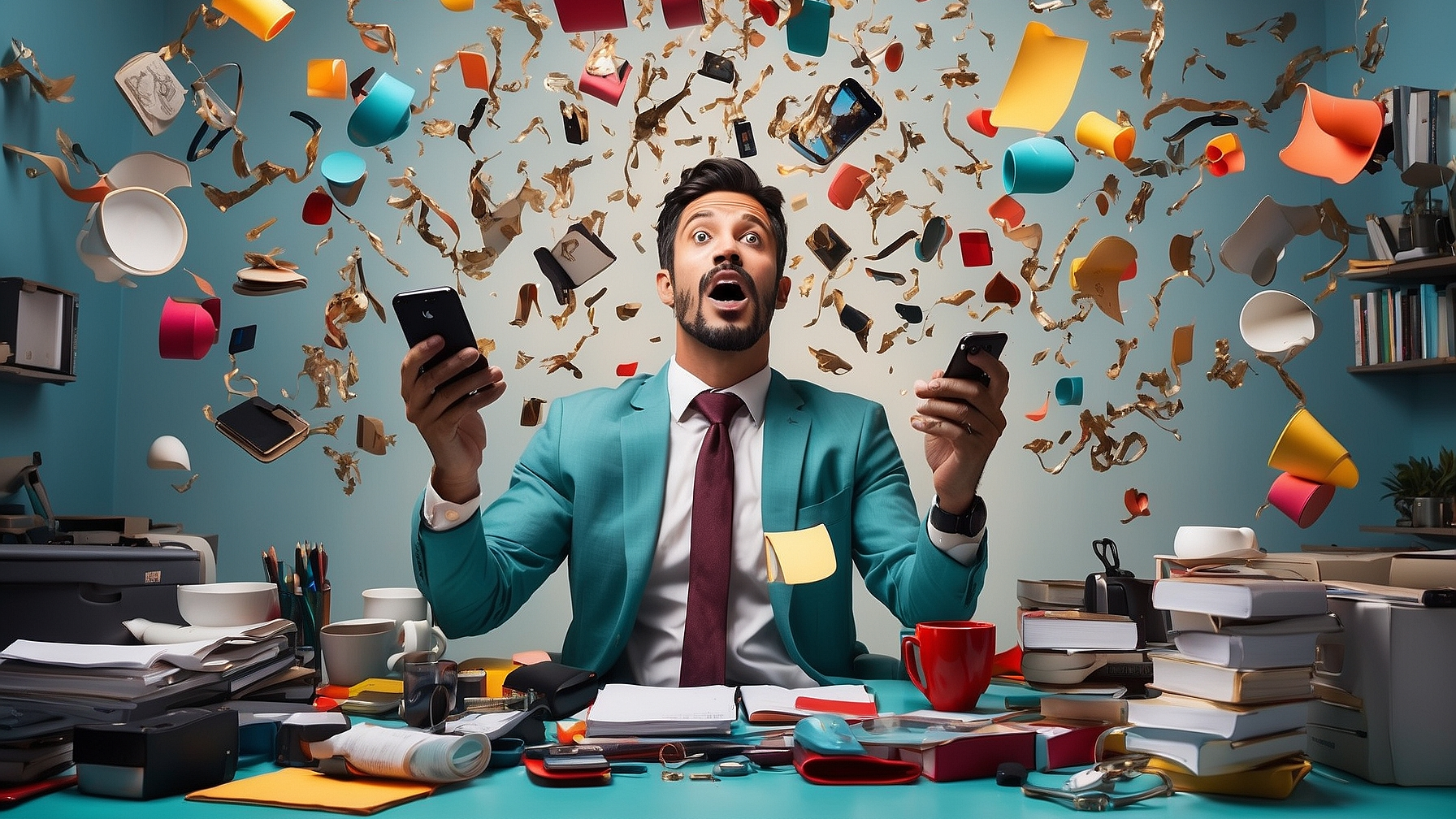 A businessman overwhelmed by a whirlwind of office items and paperwork illustrating a chaotic work environment