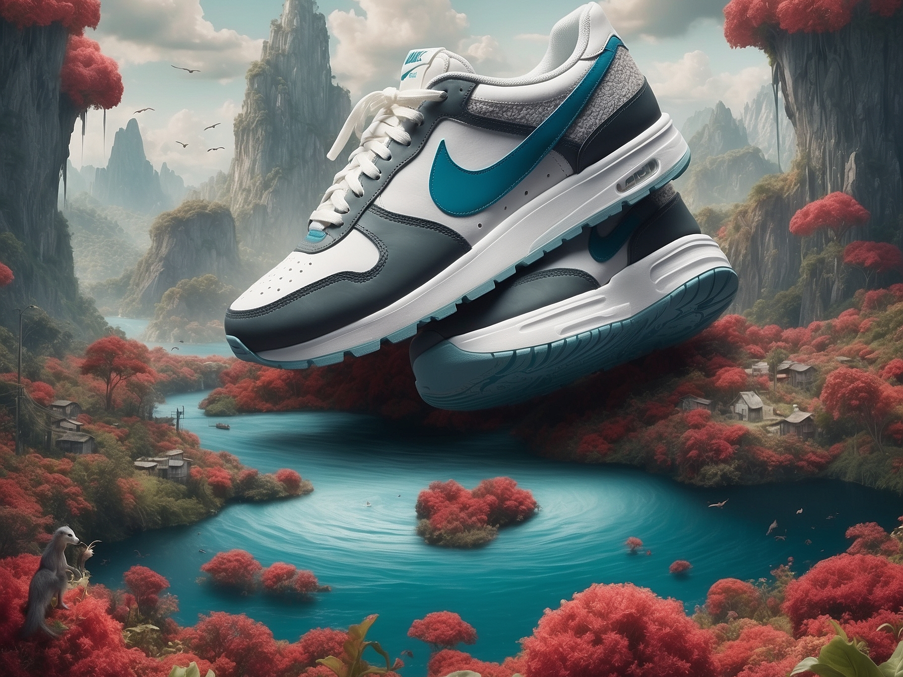 Surreal image of a Nike sneaker floating above a picturesque landscape with red foliage, rocky mountains, and a winding river