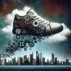 Surreal image of a shoe made of gears flying over a city skyline, symbolizing Nike's complex supply chain