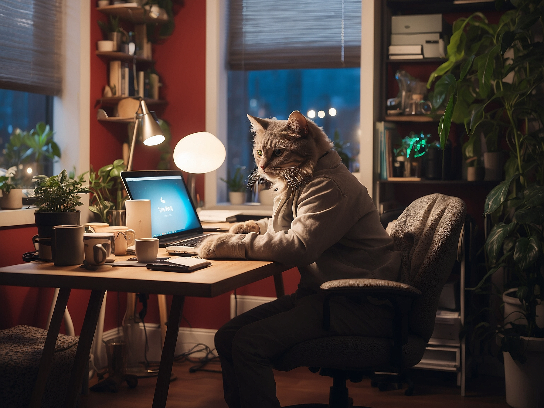 Cat in human clothing working on a laptop at a home office during nighttime