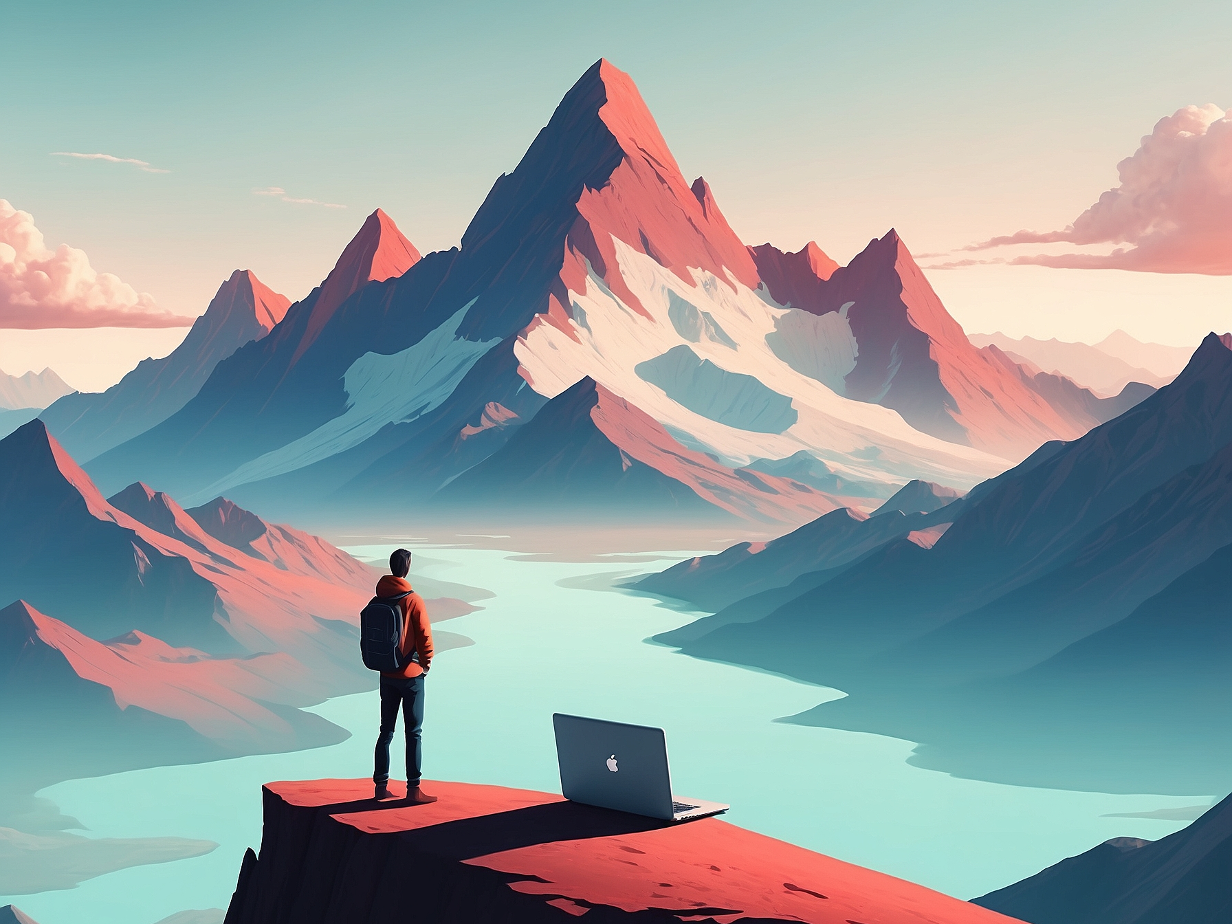 A solitary figure stands on a high cliff overlooking a vast mountain range, poised with a laptop, symbolizing the journey and potential in blogging