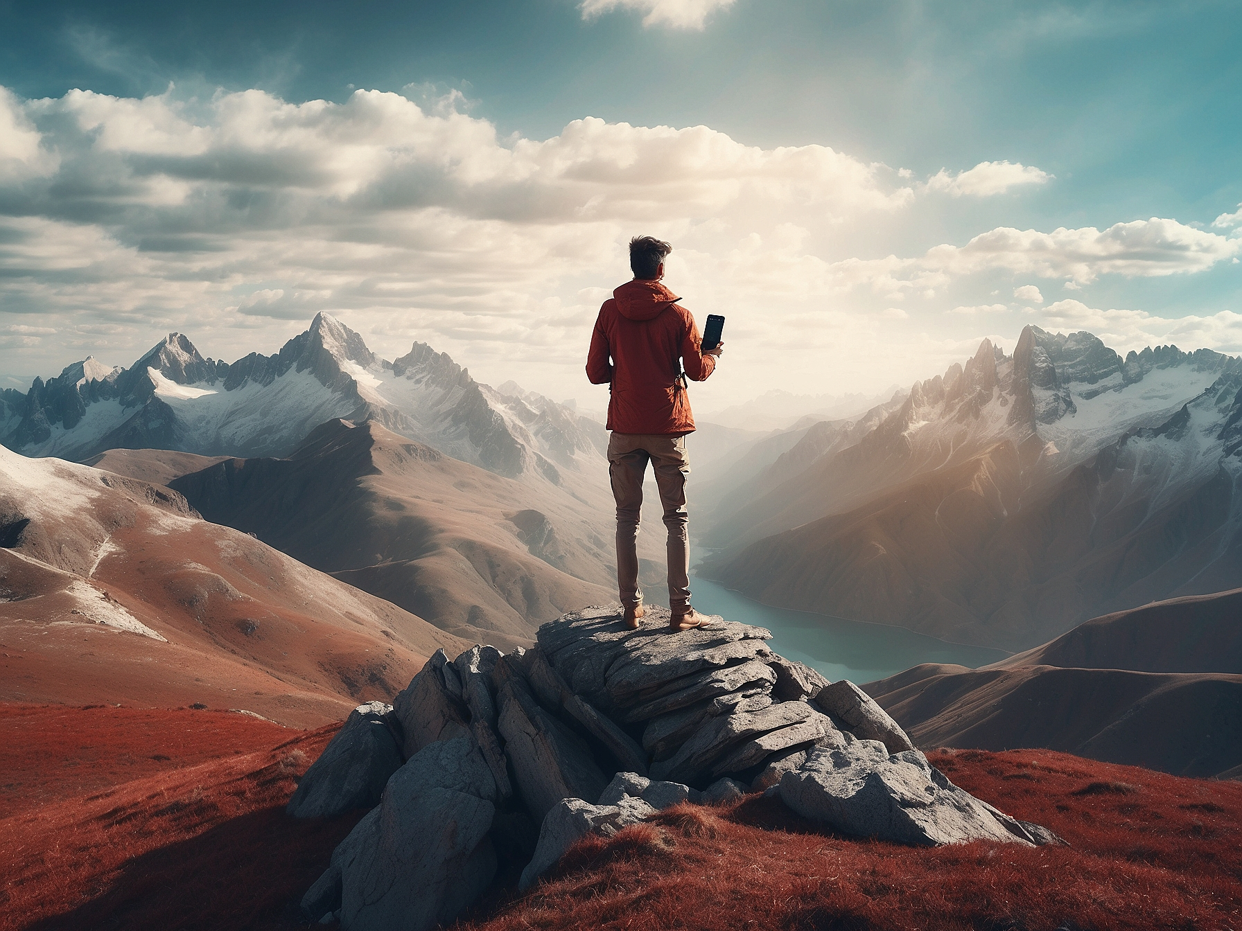 Explorer with a notebook stands atop a mountain overseeing a vast landscape, symbolizing the journey of blogging and content creation