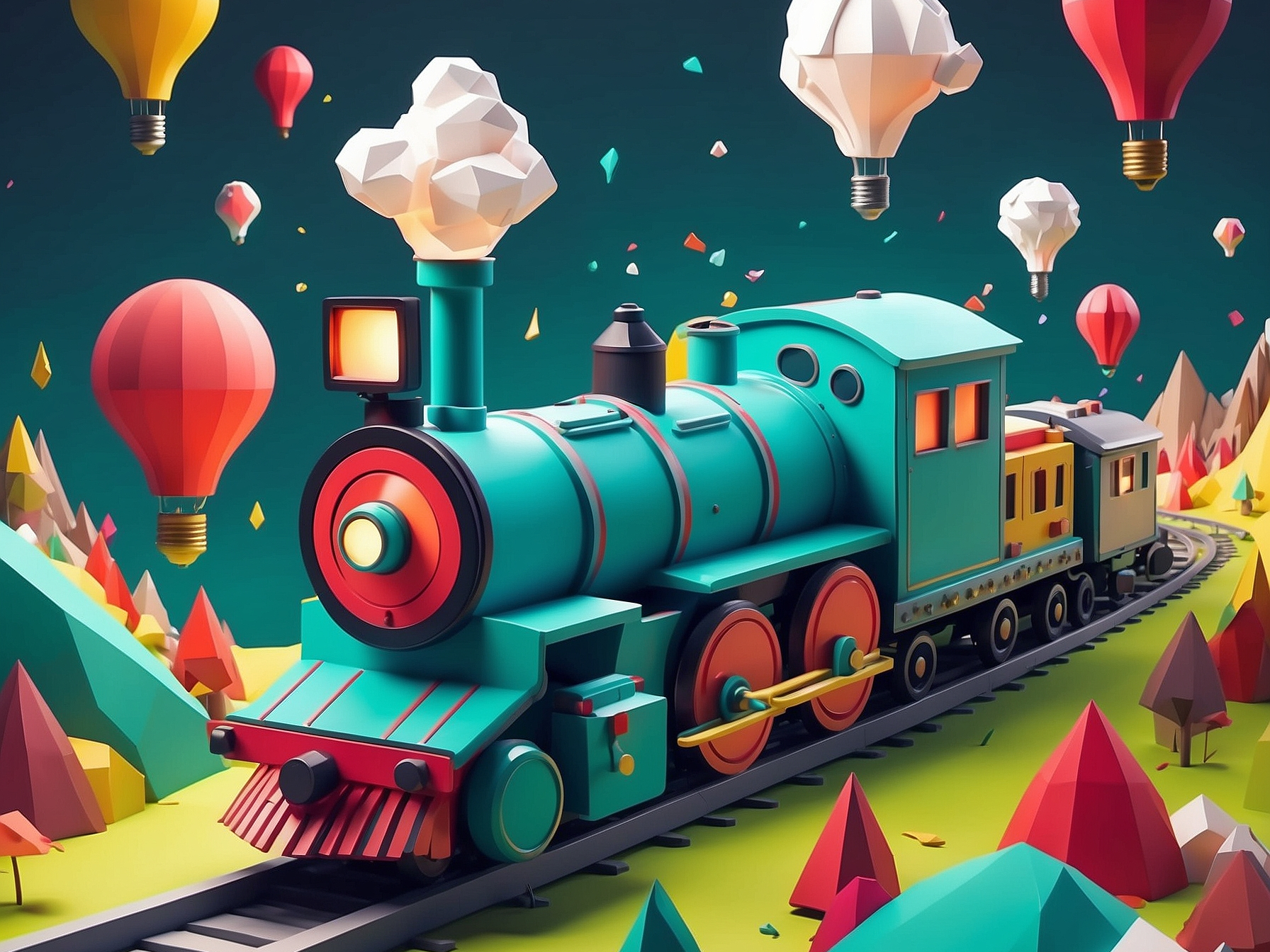 Colorful low-poly style image featuring a whimsical train journey with a vintage steam train and vibrant hot air balloons floating against a backdrop of stylized mountains