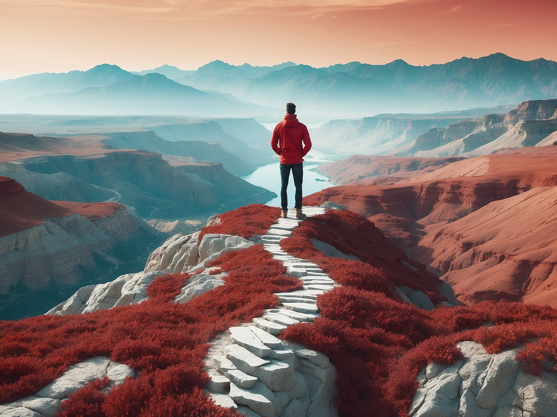 A person in a red jacket standing at the edge of a surreal, vibrant landscape path, symbolizing the strategic journey in content marketing