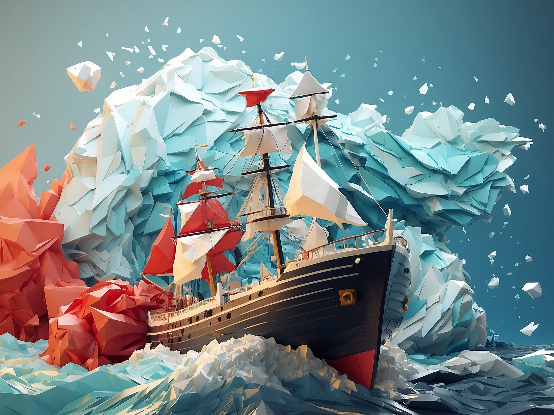 Low-poly illustration of a ship navigating through a sea of icebergs, symbolizing guidance in content strategy