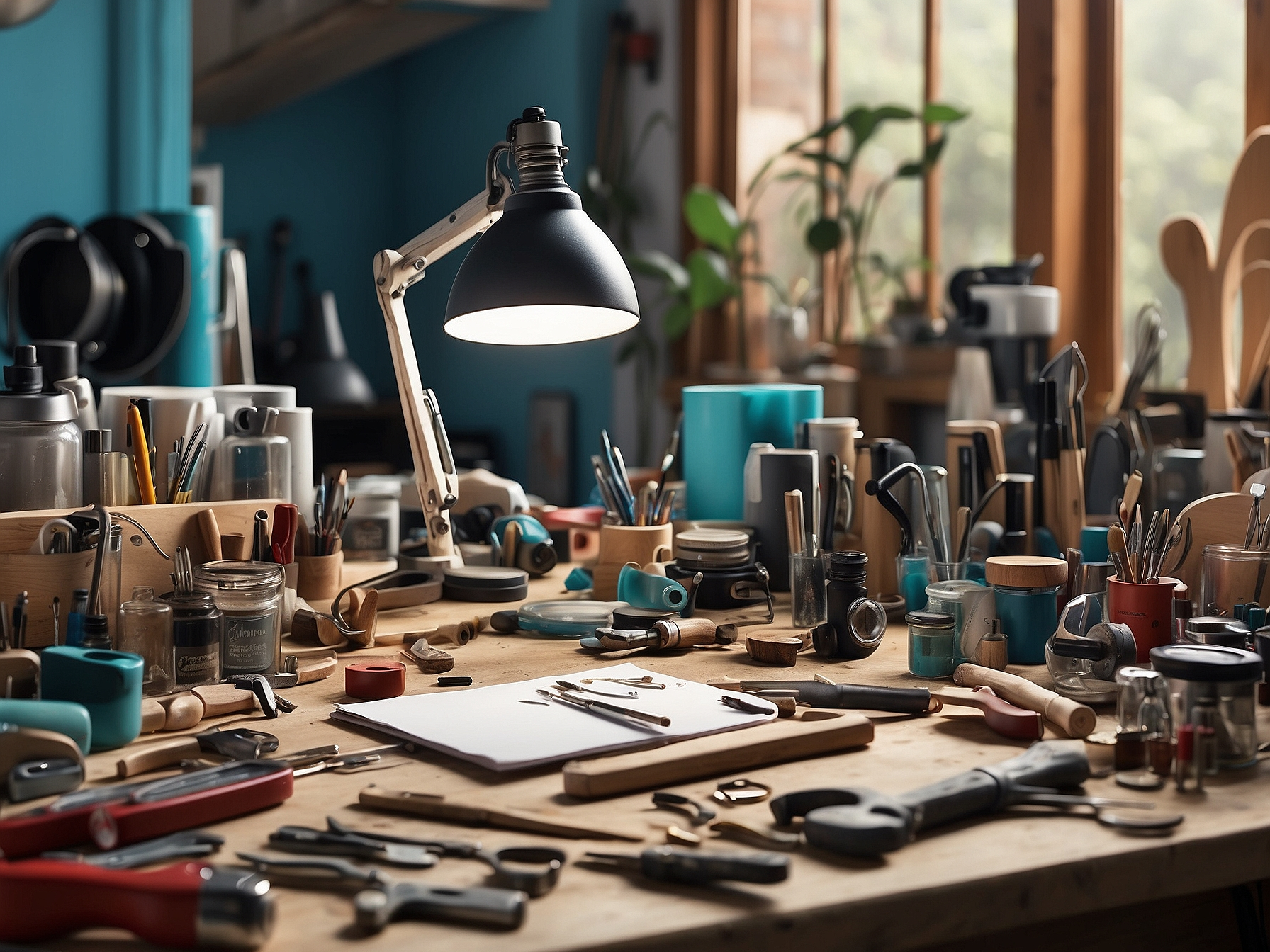 A creative workspace filled with tools and materials, illuminated by a desk lamp, symbolizing innovation and hands-on product development.