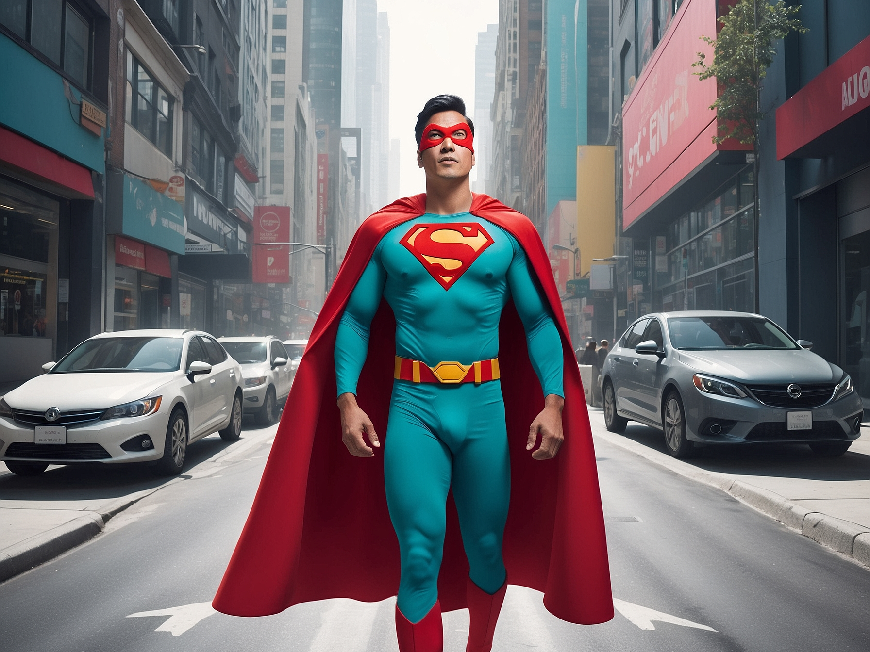 Superhero in a vibrant costume walking confidently down a city street