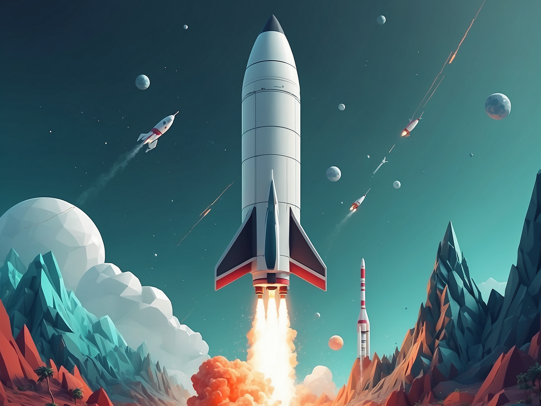 A dynamic launch scene with a large rocket lifting off, surrounded by stylized mountains and other rockets in a surreal, colorful landscape.