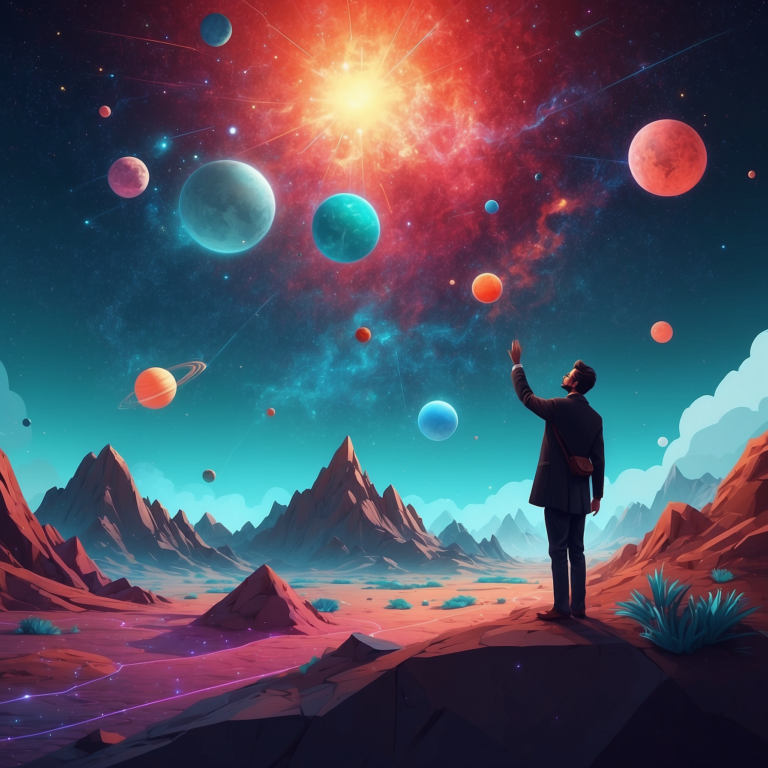 A man reaches towards a vibrant cosmic display of planets and stars in a surreal landscape, symbolizing expansive reach and creativity in blog content.