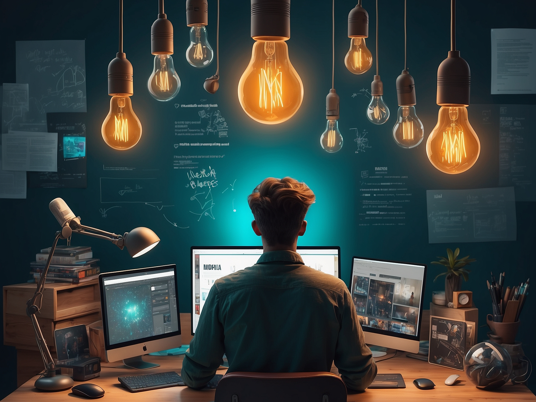 Content creator surrounded by illuminated lightbulbs at a workspace with multiple screens displaying diverse projects