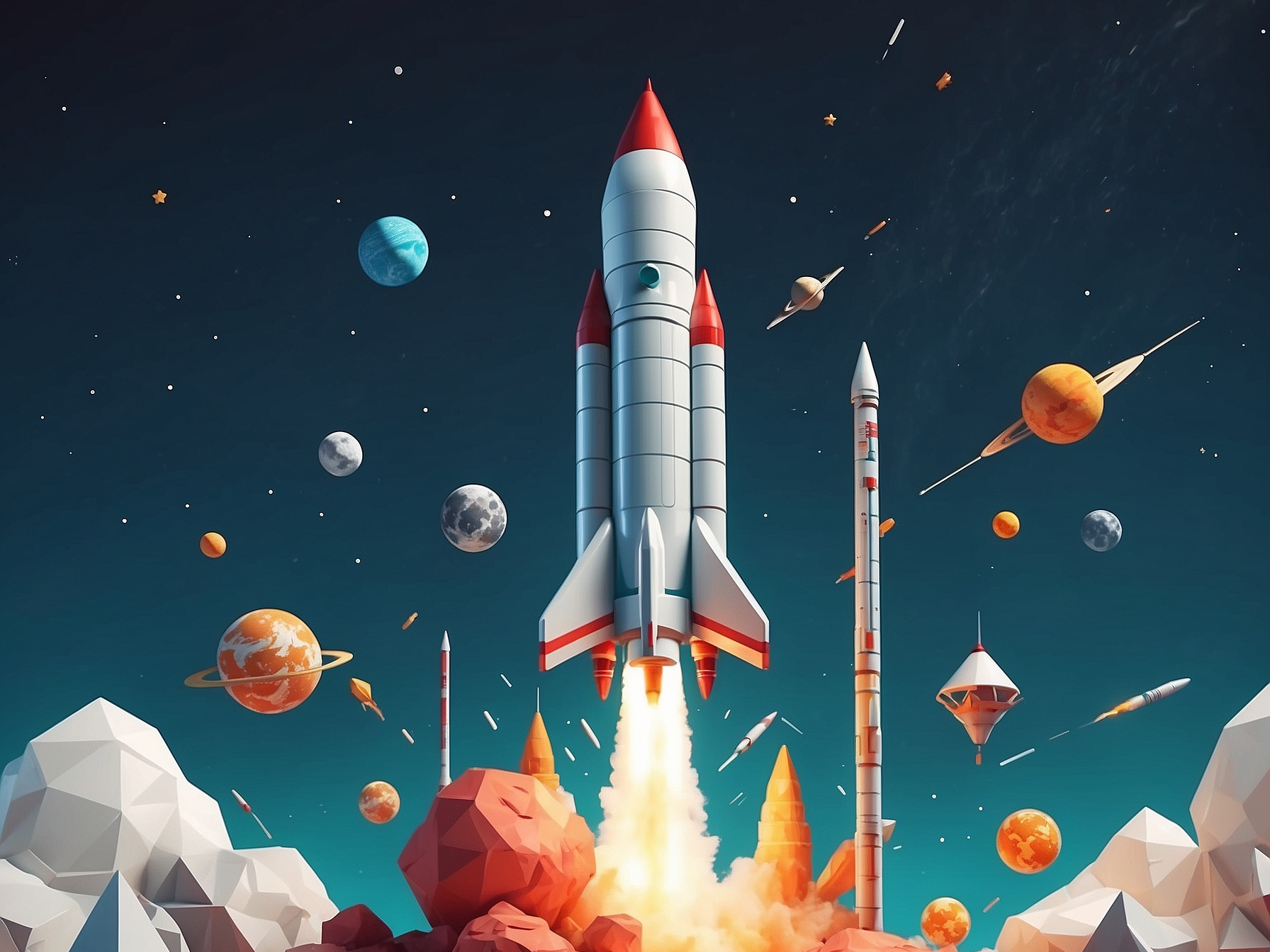 Colorful low-poly illustration of a rocket launching amidst geometric mountains with various planets and stars in the background