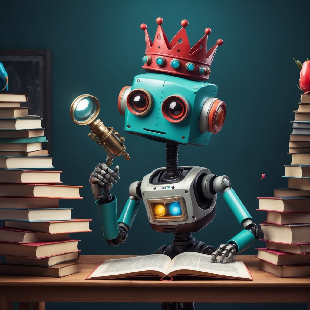 Colorful robot with a crown and magnifying glass analyzing books, representing the complexity of SEO