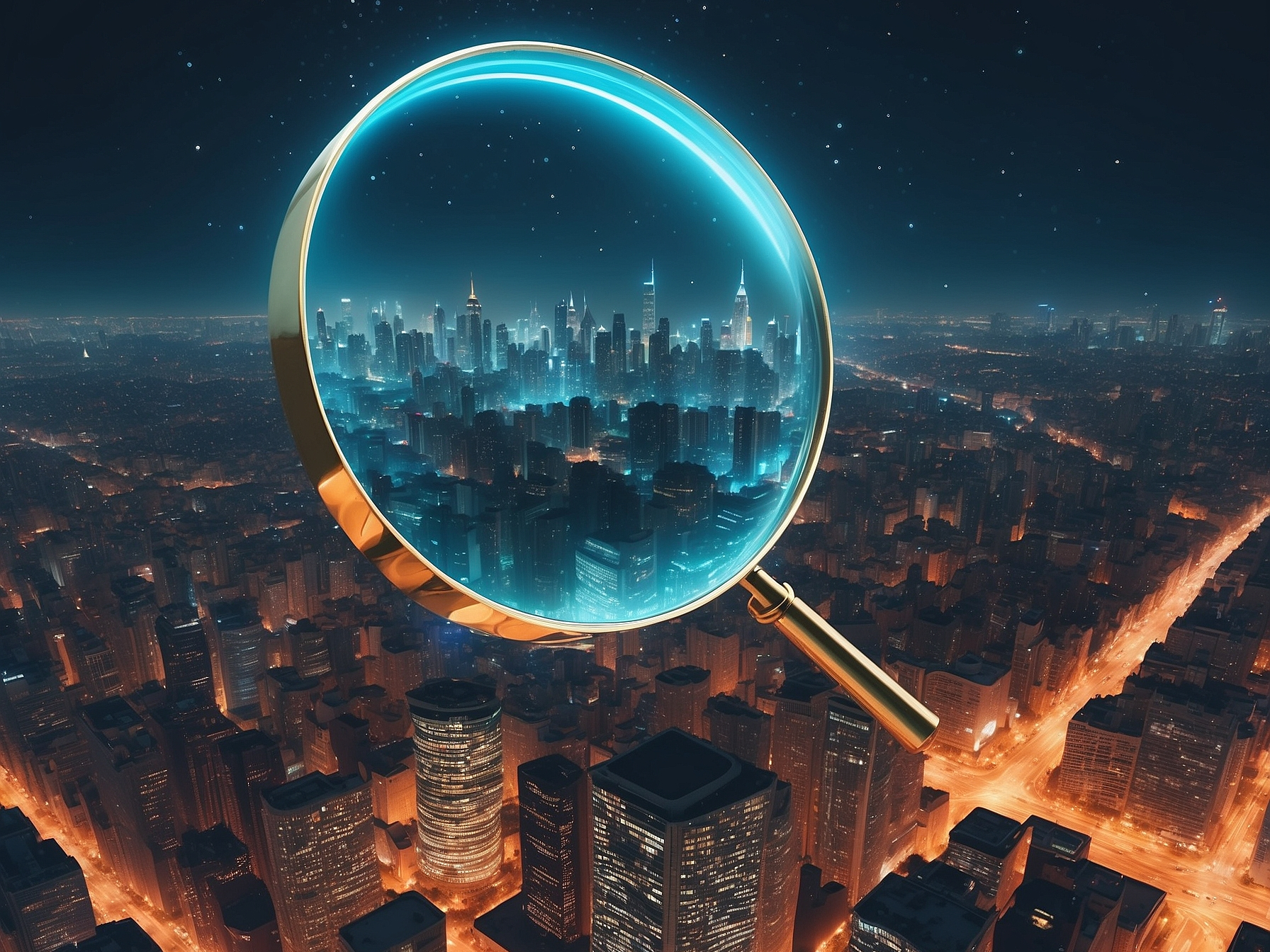 Surreal image of a magnifying glass highlighting a glowing cityscape, symbolizing search engine ranking of websites