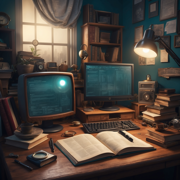 Vintage detective office setup with an animated AI character in front of two computer monitors displaying SEO data