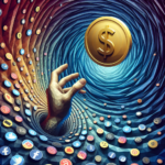 Digital hand reaching for a floating gold coin in a swirling vortex of social media icons, symbolizing the potential of affiliate marketing.