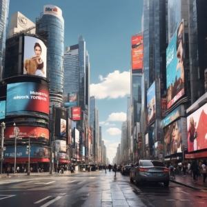 Busy urban street filled with digital advertising billboards under a clear blue sky