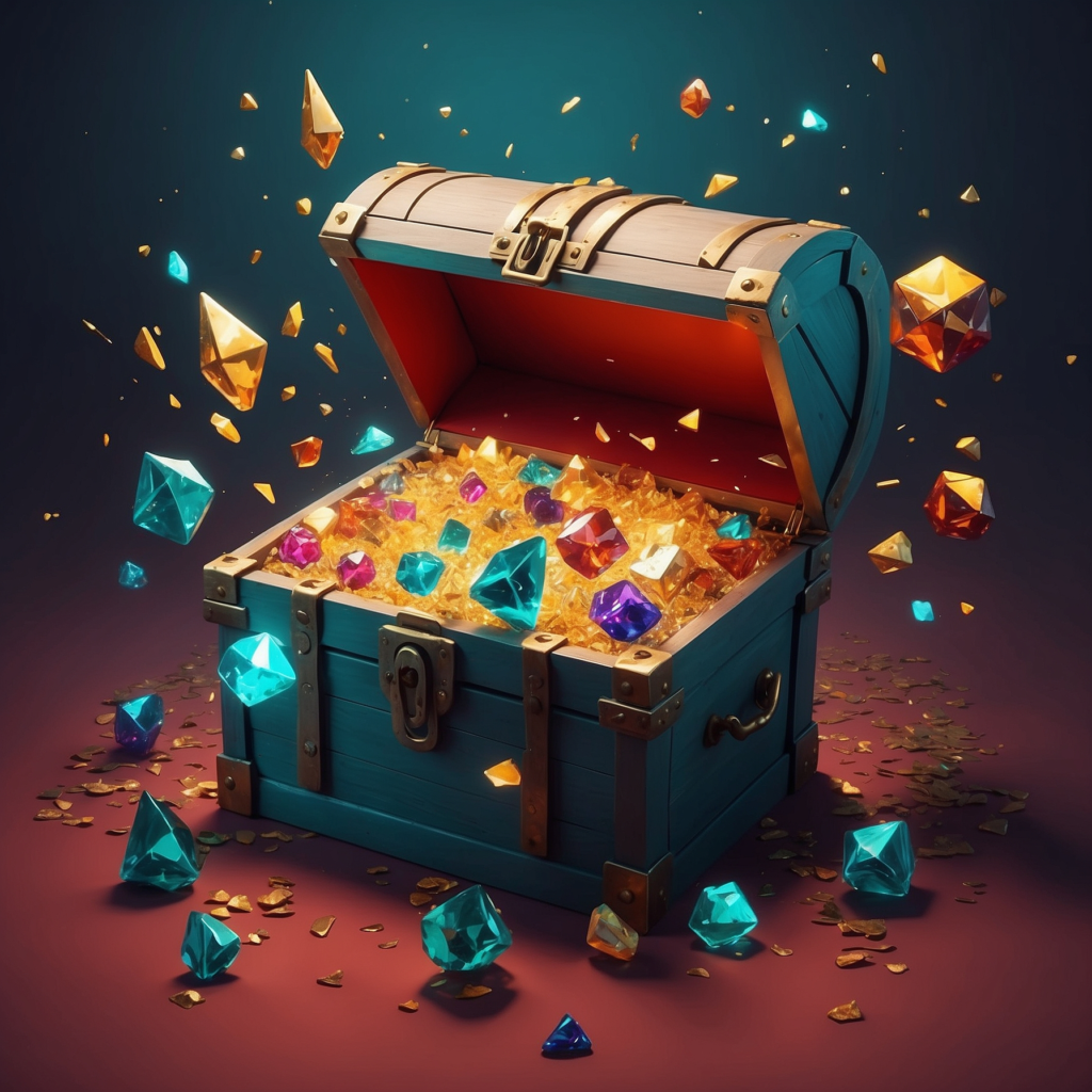 A vibrant treasure chest overflowing with colorful gems against a dark background, symbolizing the hidden value in acquiring and transforming blogs