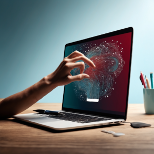 AI robot sitting at a desk, typing on a keyboard surrounded by floating glowing particles and office accessories.