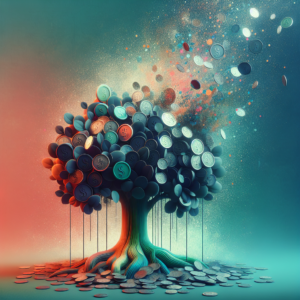 Surreal image of a vibrant tree with leaves made of coins, symbolizing the growth and monetization potential of a blog