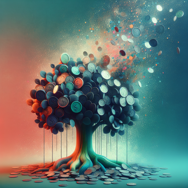 Surreal image of a vibrant tree with leaves made of coins, symbolizing the growth and monetization potential of a blog