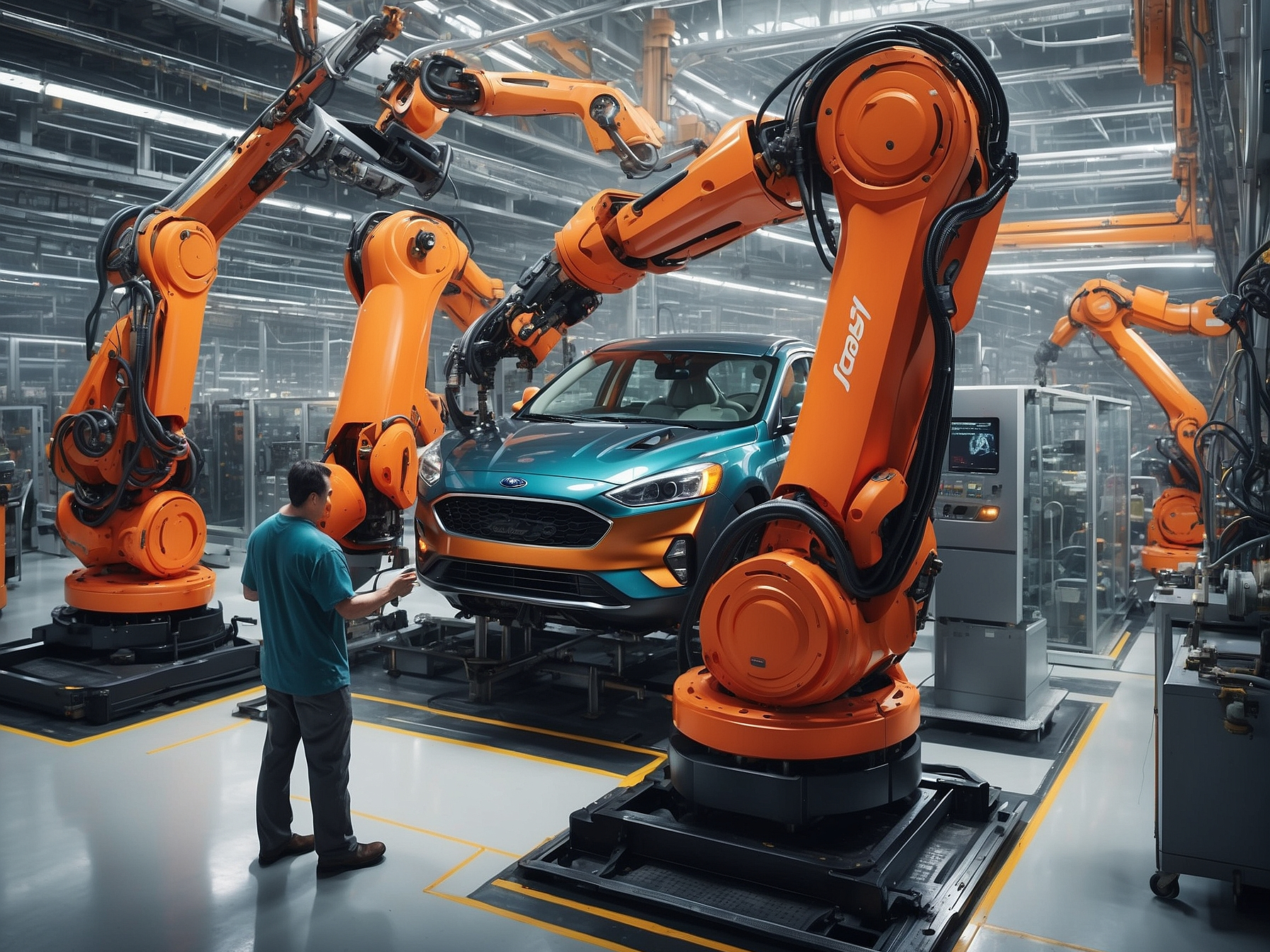 Advanced robotics technology in Ford's manufacturing plant with engineers monitoring production