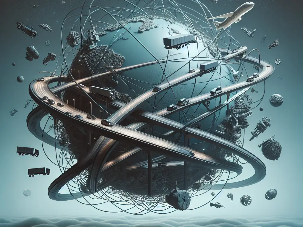 A complex surreal illustration of a globe surrounded by intertwined highways, vehicles, and technological elements, floating above clouds, depicting the challenges in Ford's global supply chain.