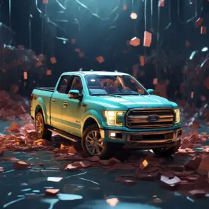 Ford truck surrounded by floating geometric pieces representing challenges in the supply chain