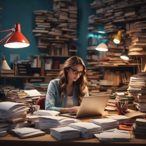 Focused woman surrounded by piles of books researching on her laptop in a well-lit study room