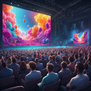 A crowd in a conference room watching a vibrant, colorful display of clouds and balloons representing a product launch