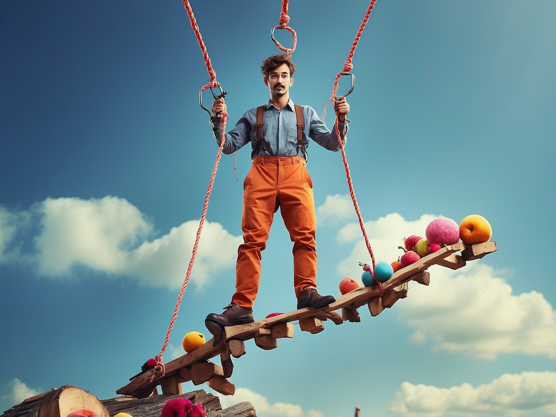 A man intricately balancing on a tightrope while juggling colorful fruits, symbolizing the complexities and risks of a product launch.