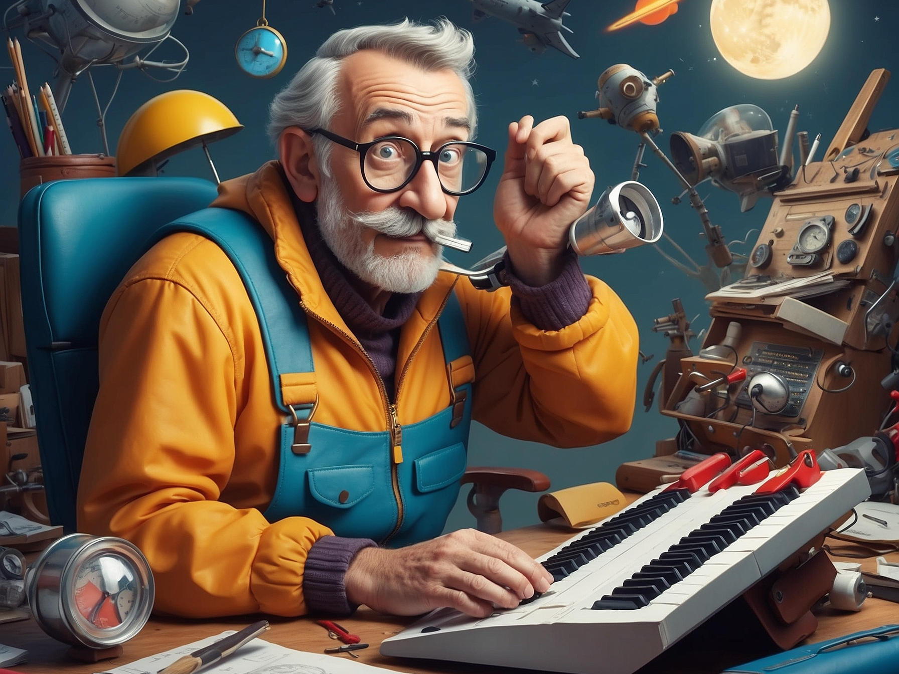 Illustration of an elderly man with a whimsical workspace, surrounded by floating objects representing creativity and preparation for a product launch