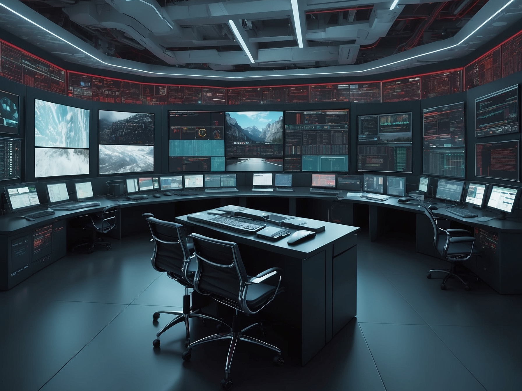 High-tech control room displaying global networks with multiple screens showing maps and data analytics