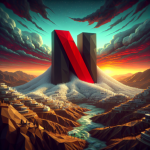 Stylized image of a futuristic city with a giant Netflix logo integrated into its skyline during sunset