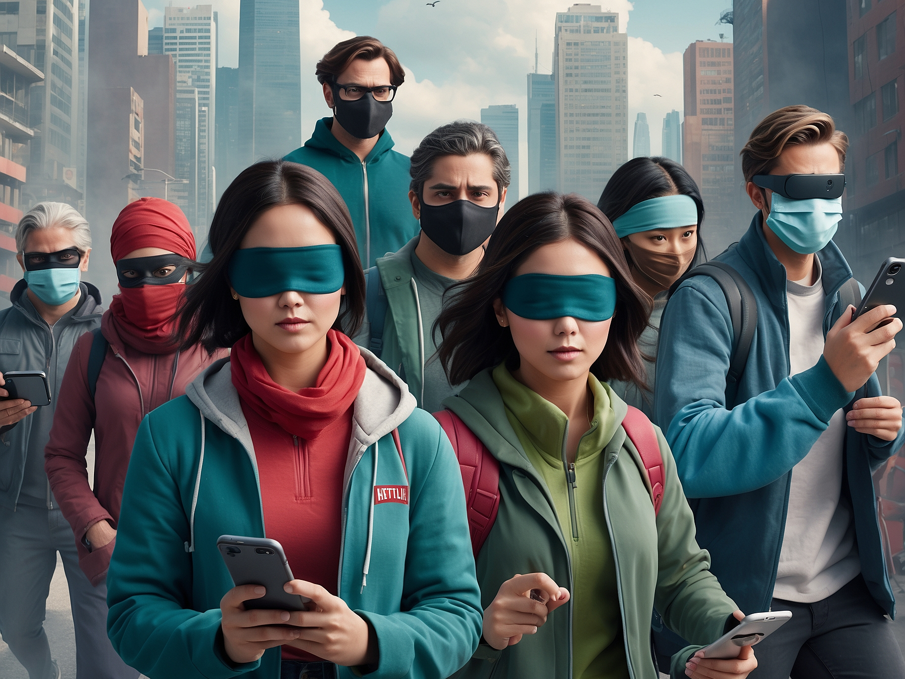 Group of people with blindfolds illustrating societal trends and media influence against a city backdrop with Netflix branding