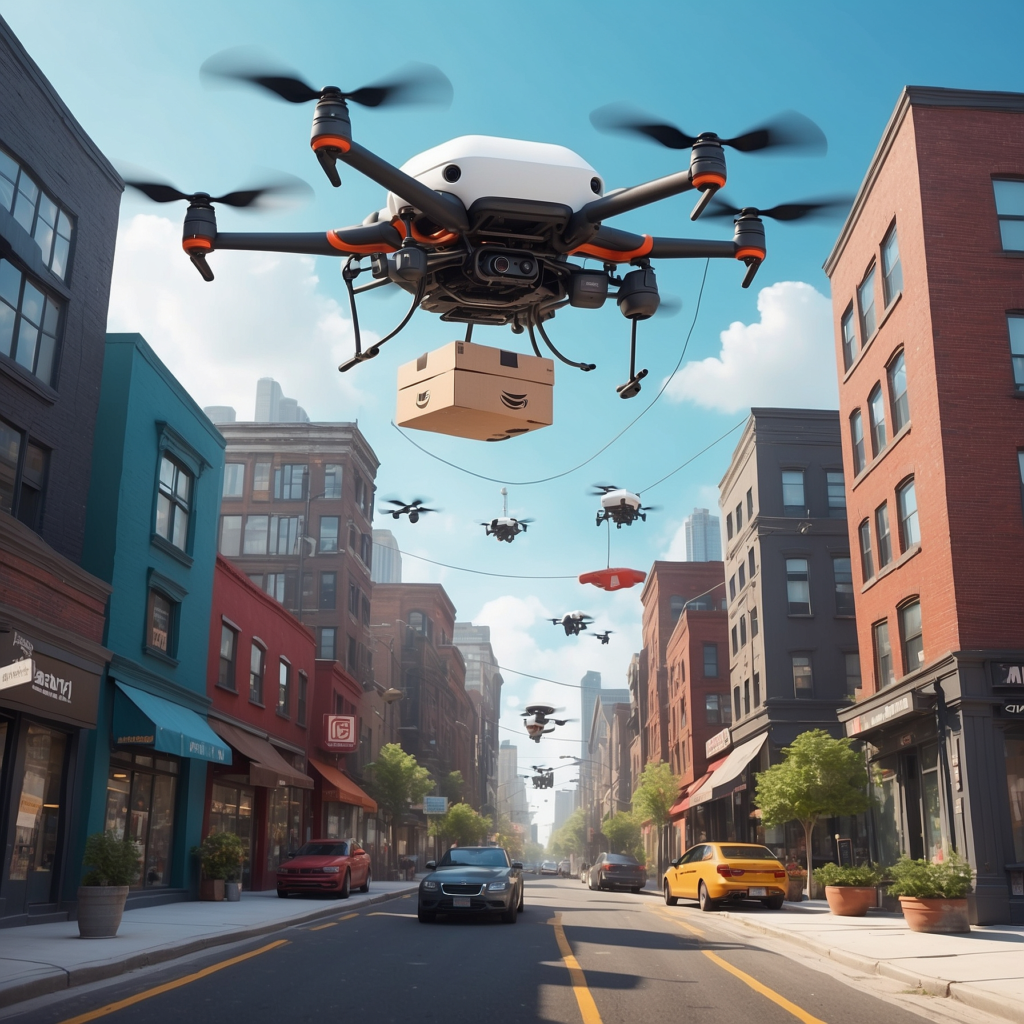 Animated depiction of multiple drones delivering packages in a bustling city street, representing Amazon's drone delivery innovation.