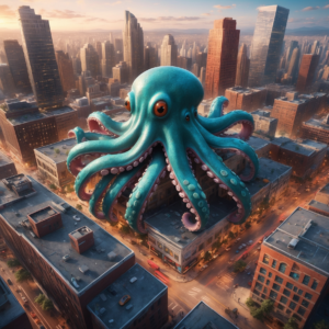 Giant octopus symbolizing Amazon's reach over a cityscape, representing vertical integration