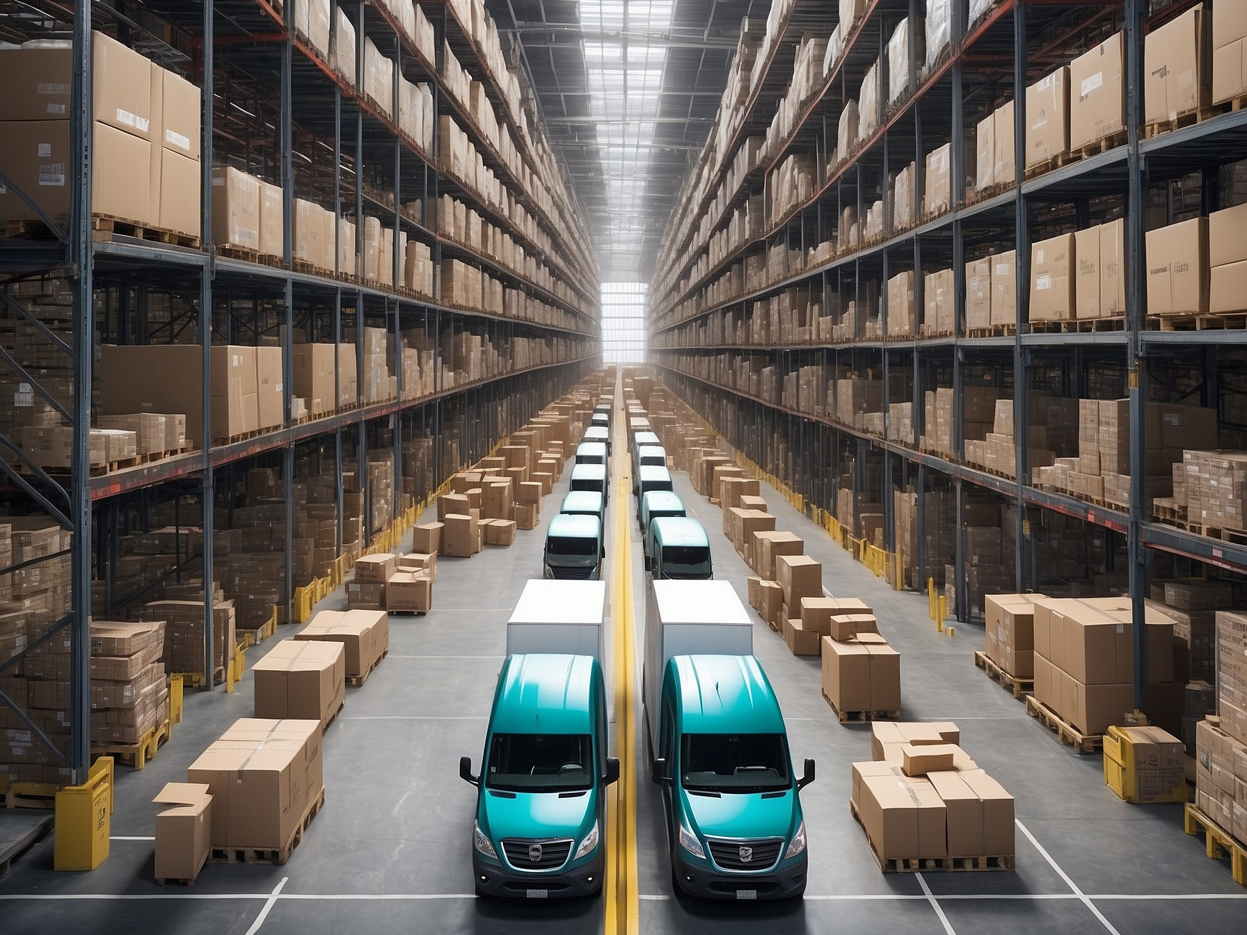 Electric delivery vans lined up in a large warehouse filled with shelves stocked with boxes, symbolizing efficient logistics management.