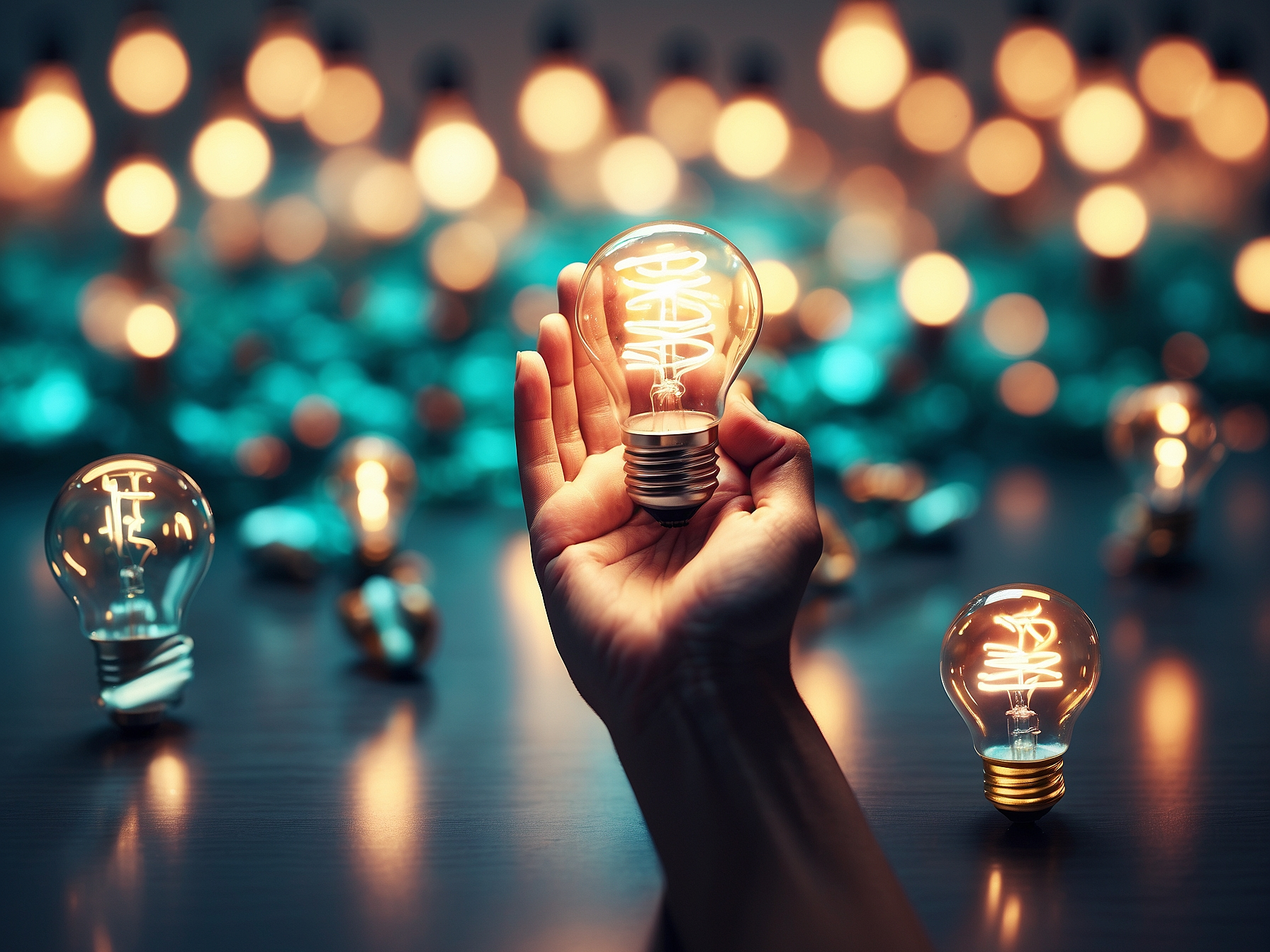 A hand holding a glowing light bulb with many dim light bulbs in the background