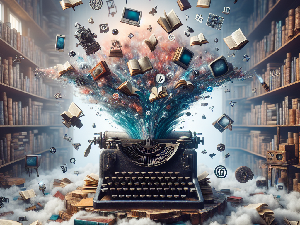 An explosion of various media emerging from a vintage typewriter, including books, devices, and film reels, symbolizing content repurposing