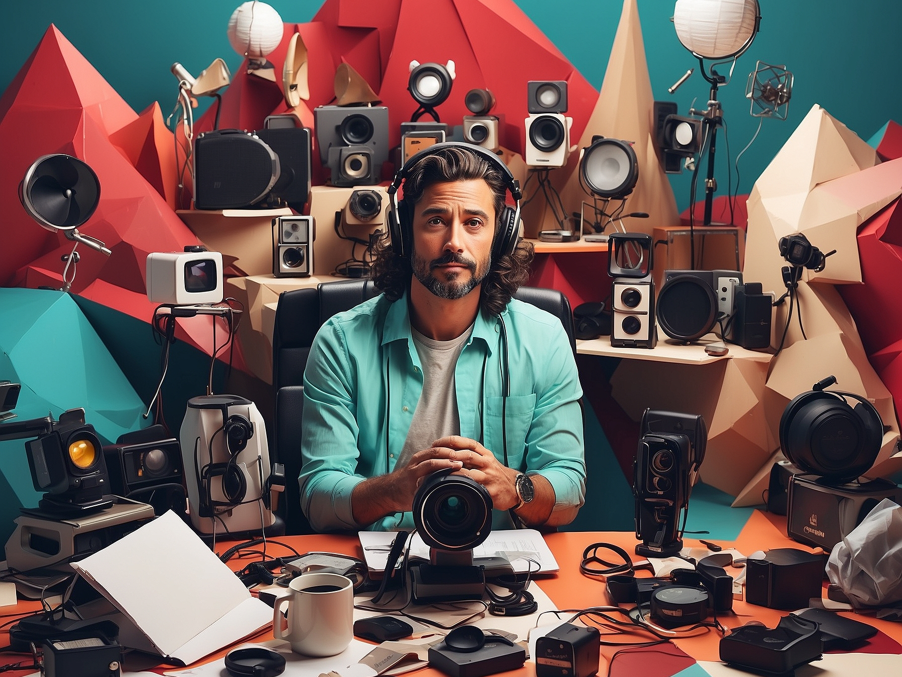 Content creator surrounded by diverse media equipment in a colorful low-poly style studio