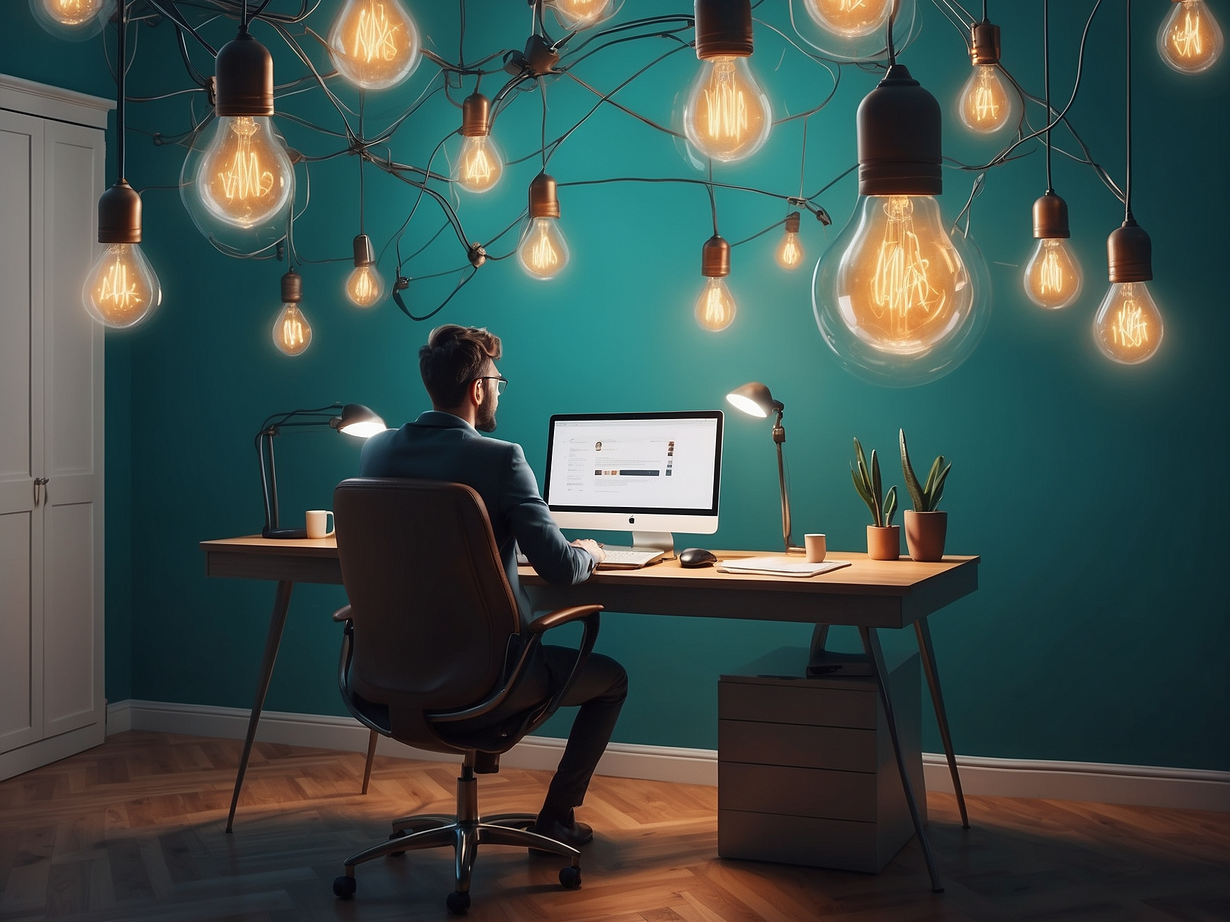 Modern office with a man working at a desk surrounded by numerous illuminated oversized light bulbs representing innovative ideas in affiliate marketing.