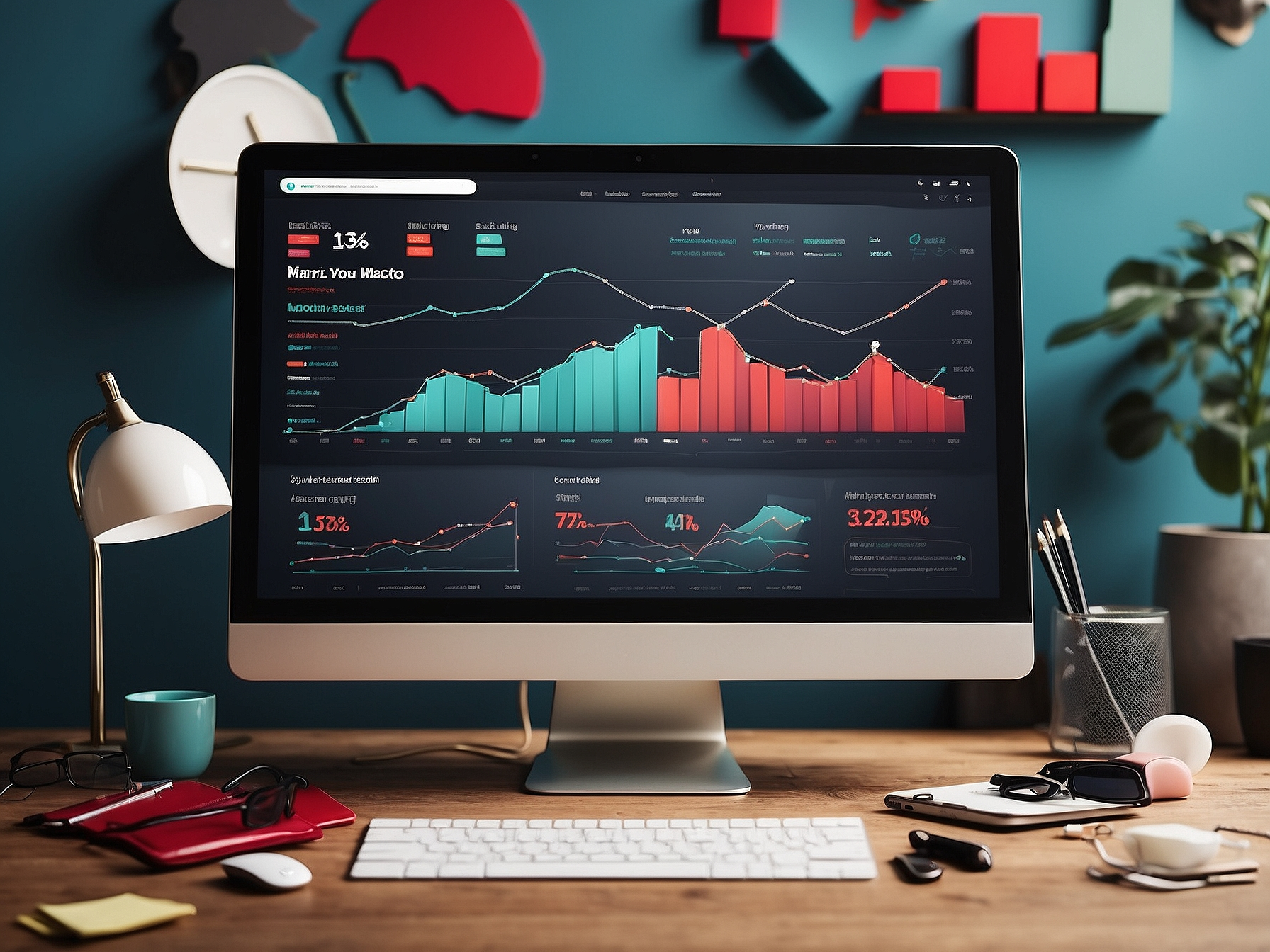 Sophisticated computer setup displaying vibrant analytics dashboard with growth charts and data metrics