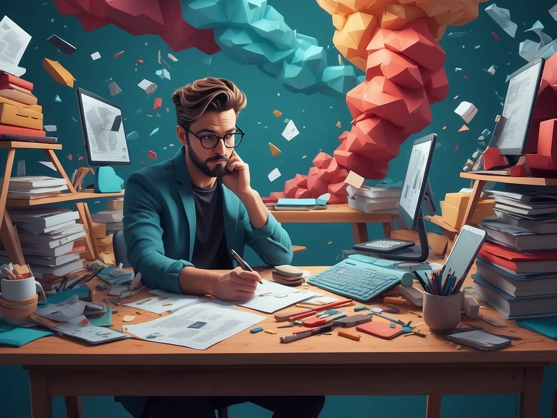 A man engrossed in work at his desk surrounded by colorful low-poly style geometric shapes representing growth and explosion in affiliate marketing