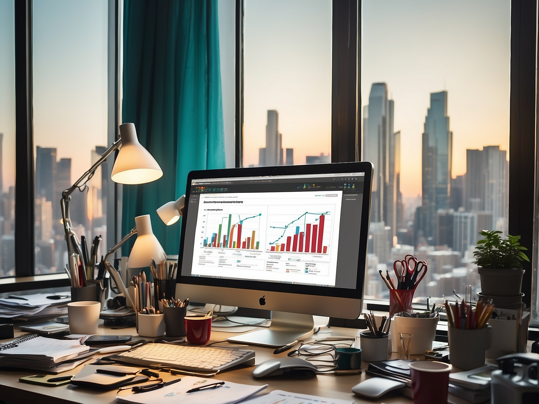 Professional office desk overlooking cityscape with dual monitors displaying advertising data analytics