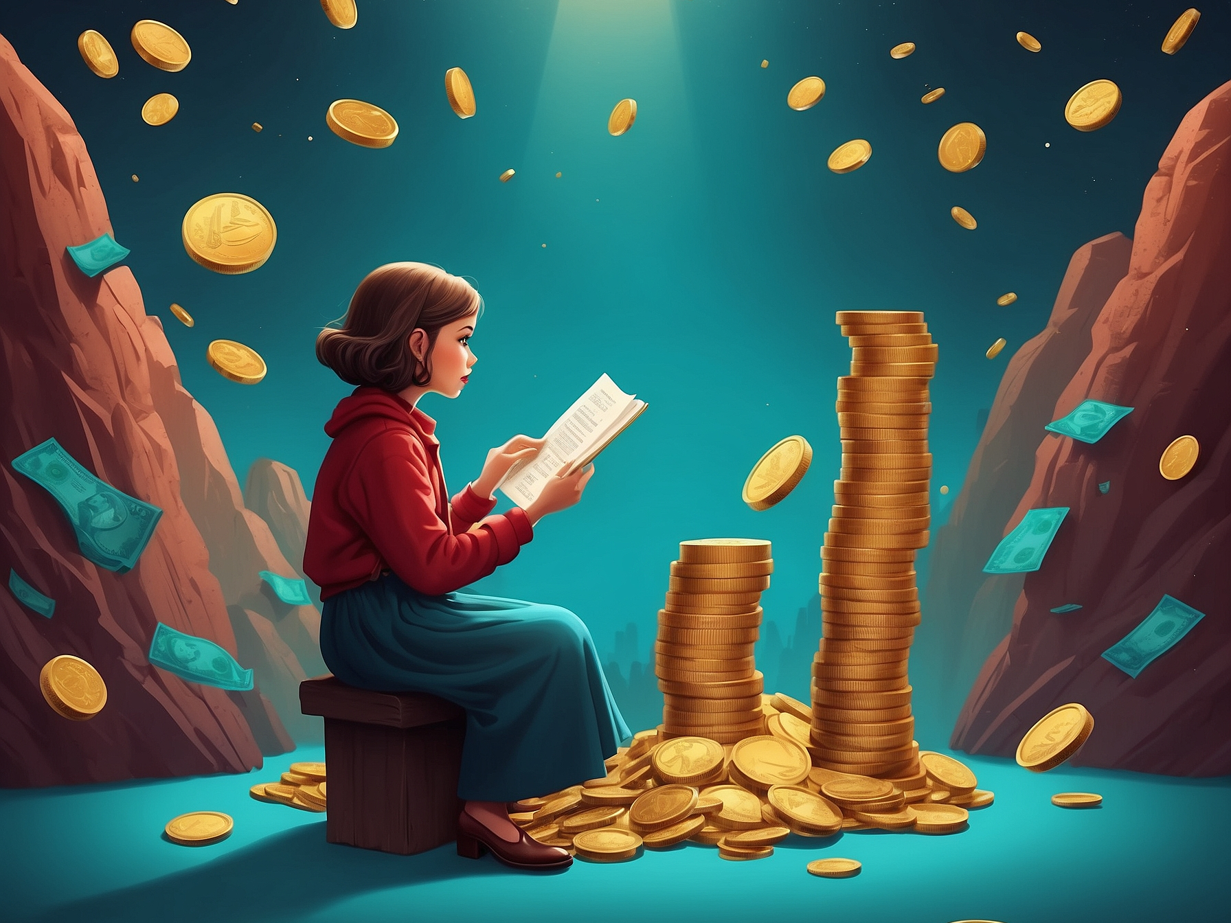 Illustration of a woman sitting on a crate, reading a book surrounded by towering stacks of coins and falling money, with a glowing moon in the background