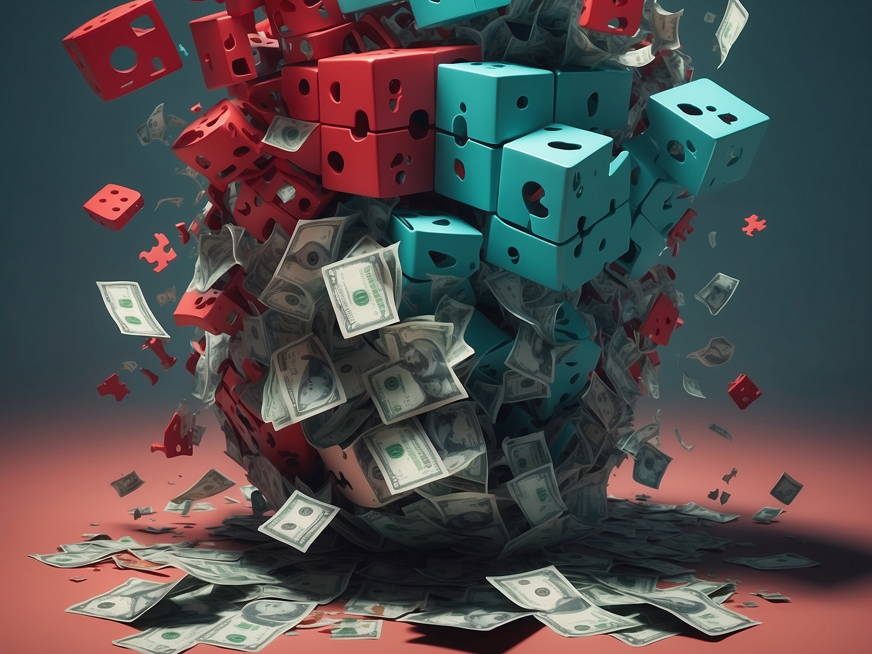 A flurry of red and blue puzzle pieces interlocking over a pile of dollar bills, symbolizing the strategic assembly and financial aspects of blog flipping