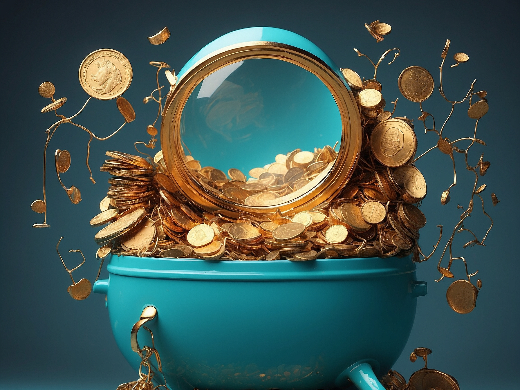 Whimsical illustration of a turquoise pot overflowing with golden coins, illustrating the concept of blog value multiplication