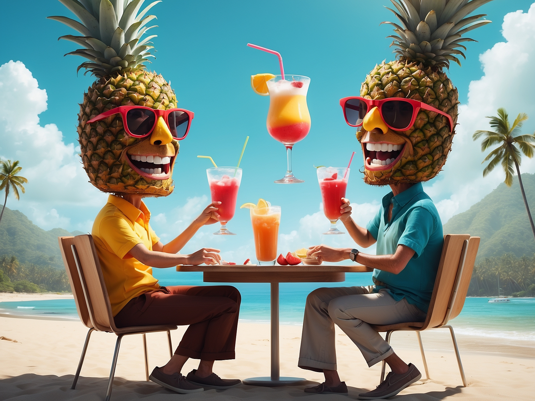 Pineapple-headed characters in vibrant attire having a sunny beachside drink, symbolizing the joyful climax of successfully selling a blog